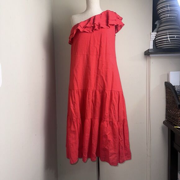NEW NICOLE MILLER Red One Shoulder Fit N Flare Dress Women’s Size Small NEW - Picture 2 of 11